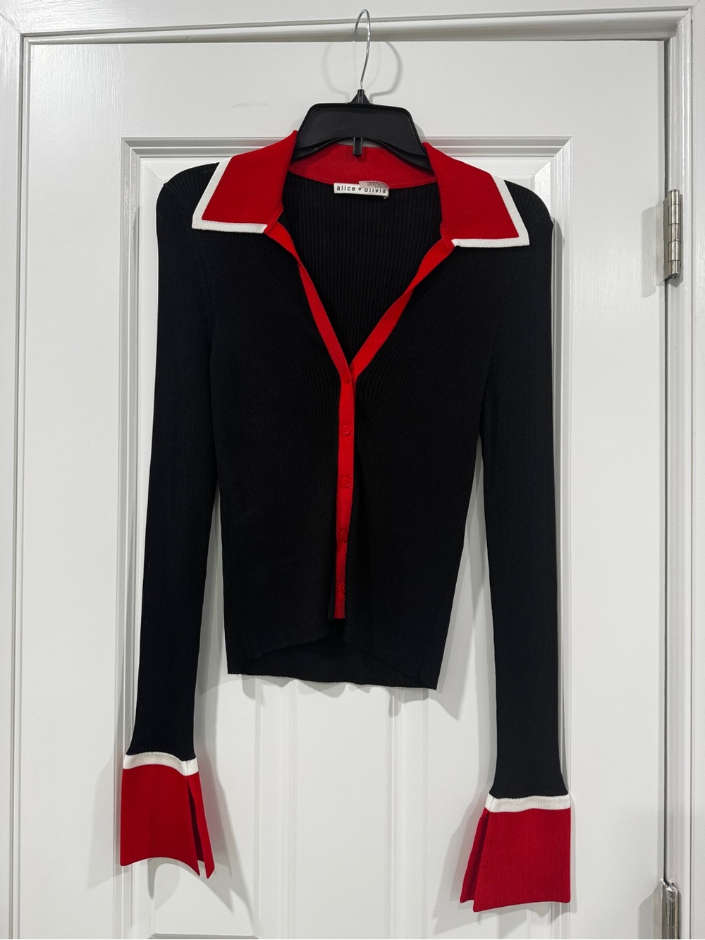 Alice + Olivia Black Cardigan with Red and White Trim